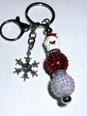 Santa Claus Christmas Keychain – Red & White Glitter Beads & Snowflake Charm